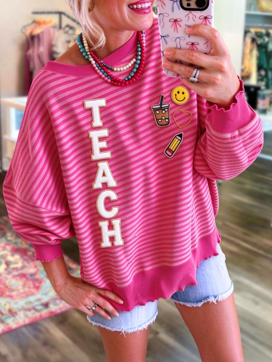 TEACH Embroidered Striped Pullover