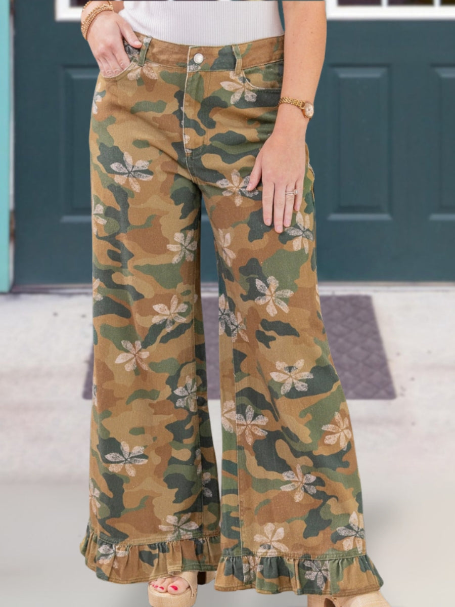 Camouflage Floral Ruffle Pants