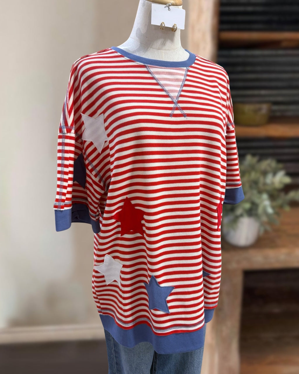 Star Patch Striped Crewneck Top