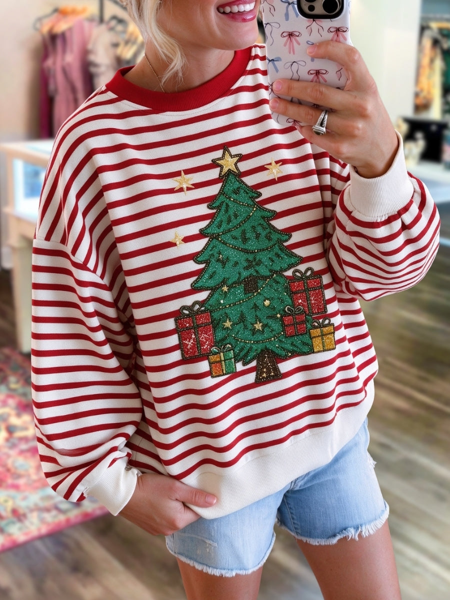 Striped Sequin Christmas Tree Pullover