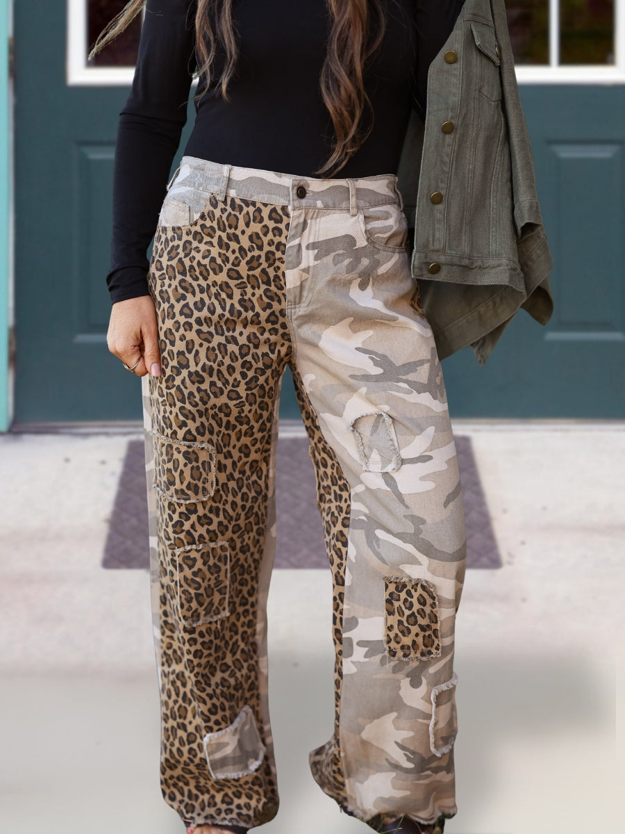 Leopard Print Patchwork Camouflage Pants