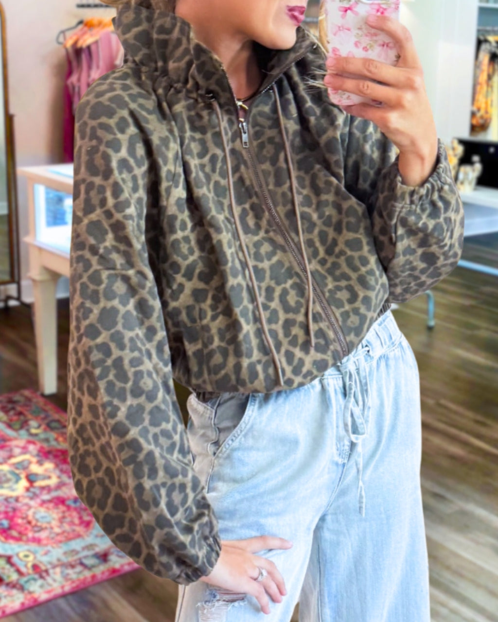 Washed Leopard Zip Up Jacket