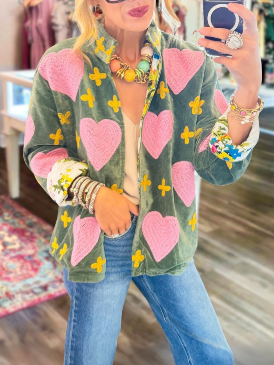 Suede Heart-Embroidered Patch Jacket
