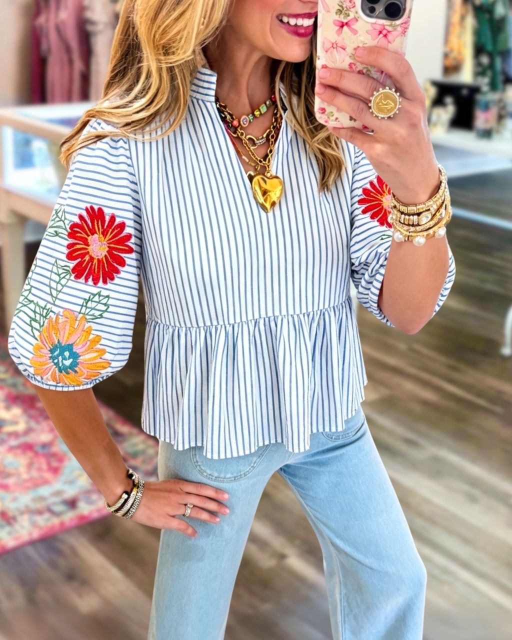 Floral-Embroidered Striped V-Neck Top