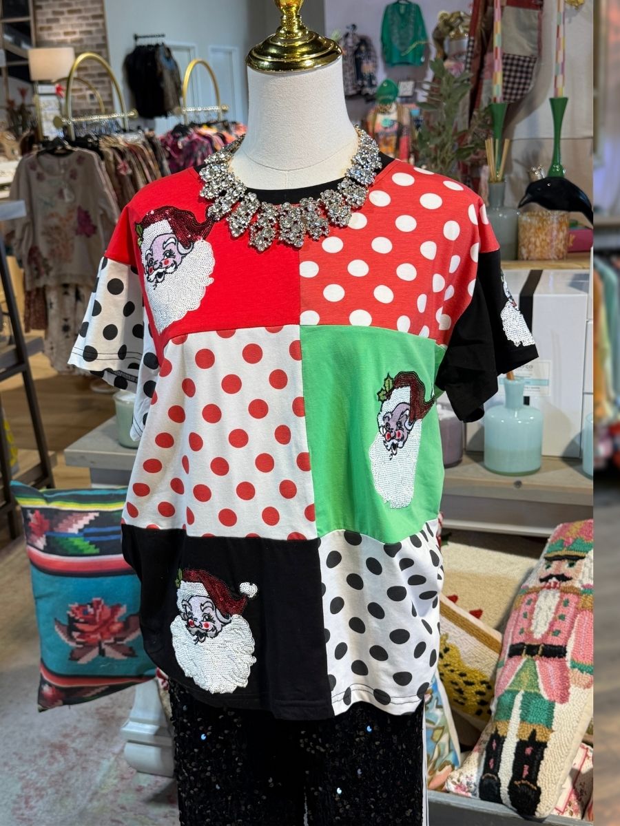 Santa Claus Sequined Polka Dot Patchwork T-Shirt