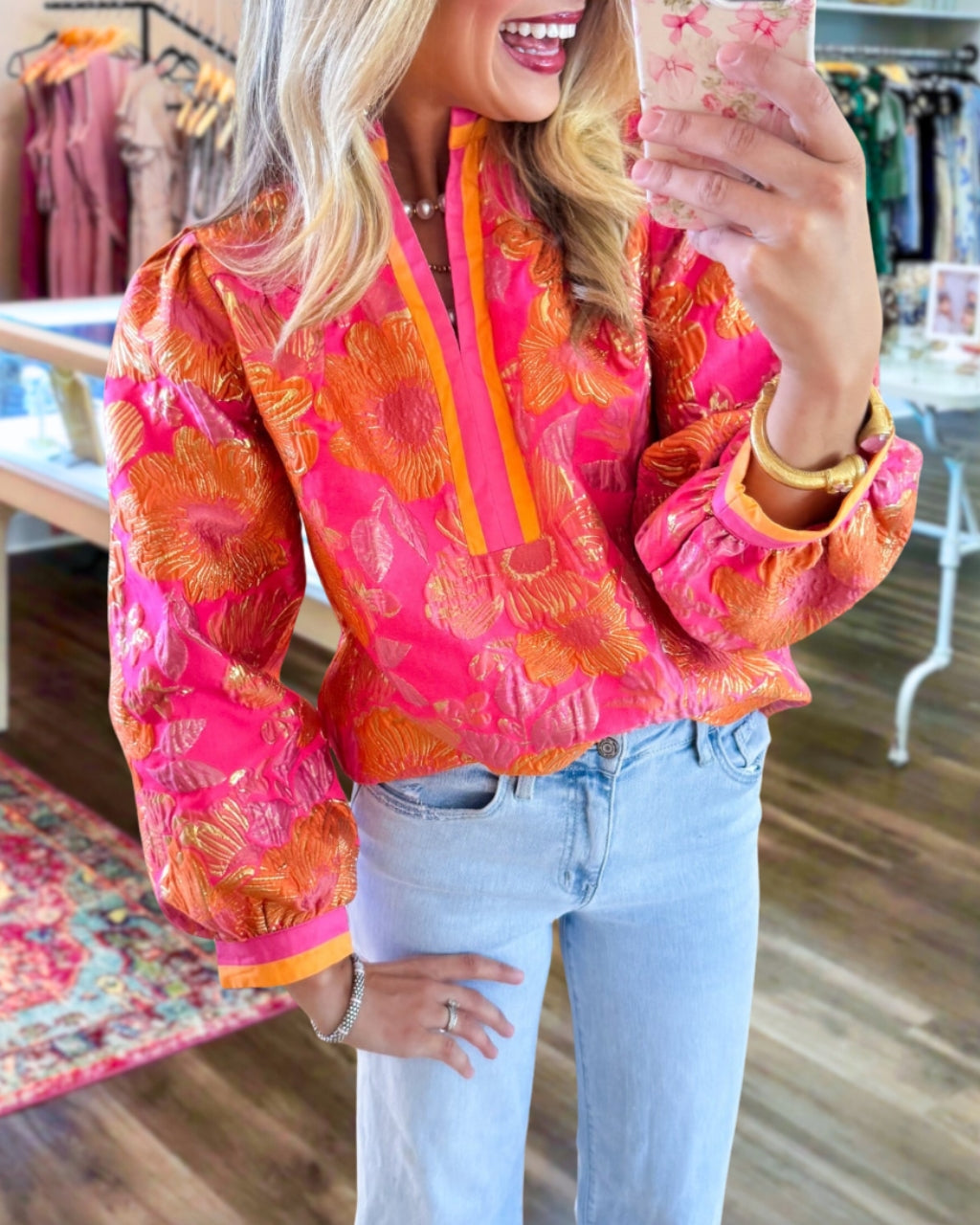 Chic Floral Jacquard Contrast Top