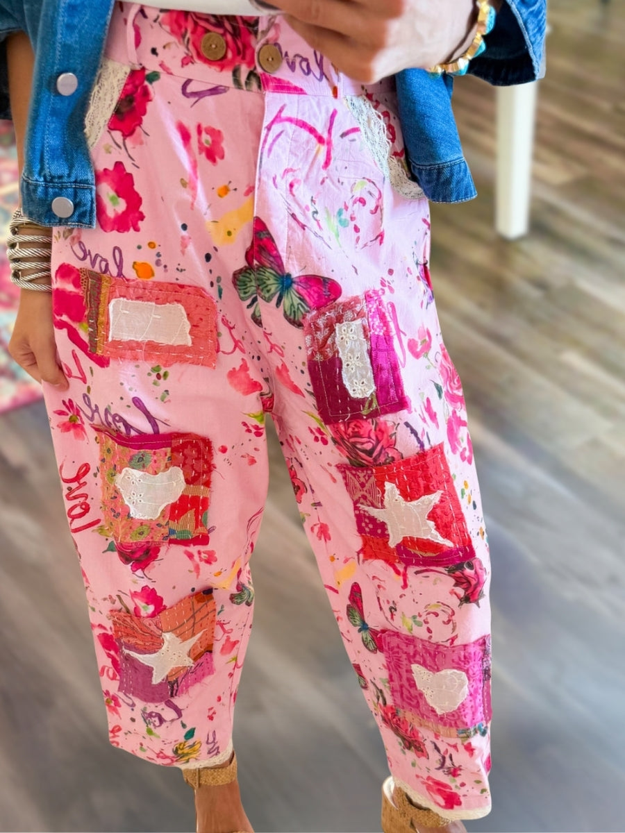 Colorful Floral Embroidered Appliqué Pants