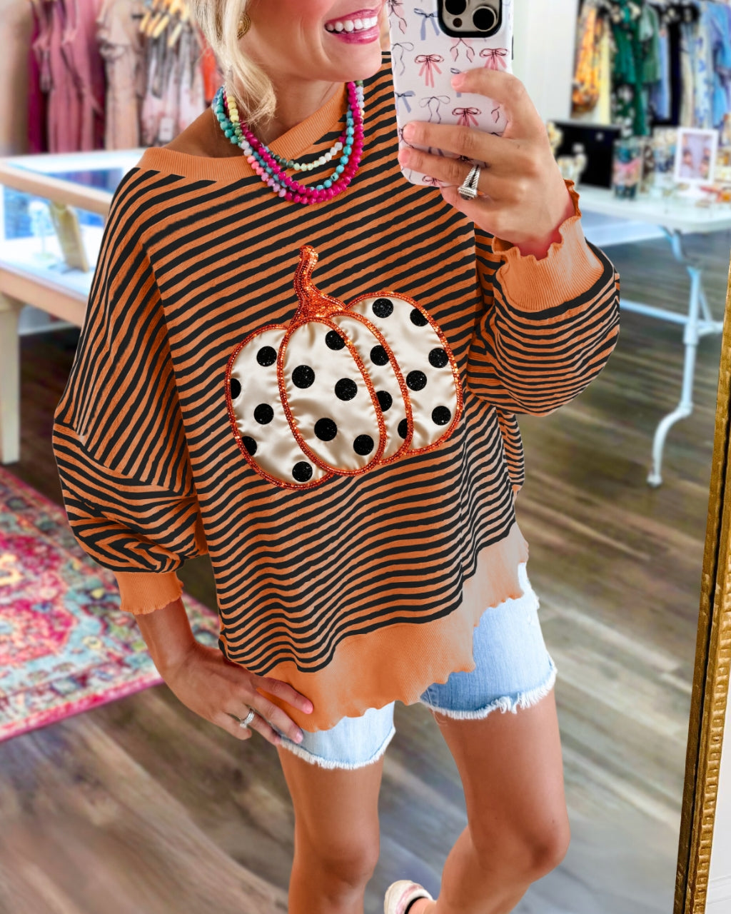 Sequined Polka Dot Pumpkin Stripe Pullover