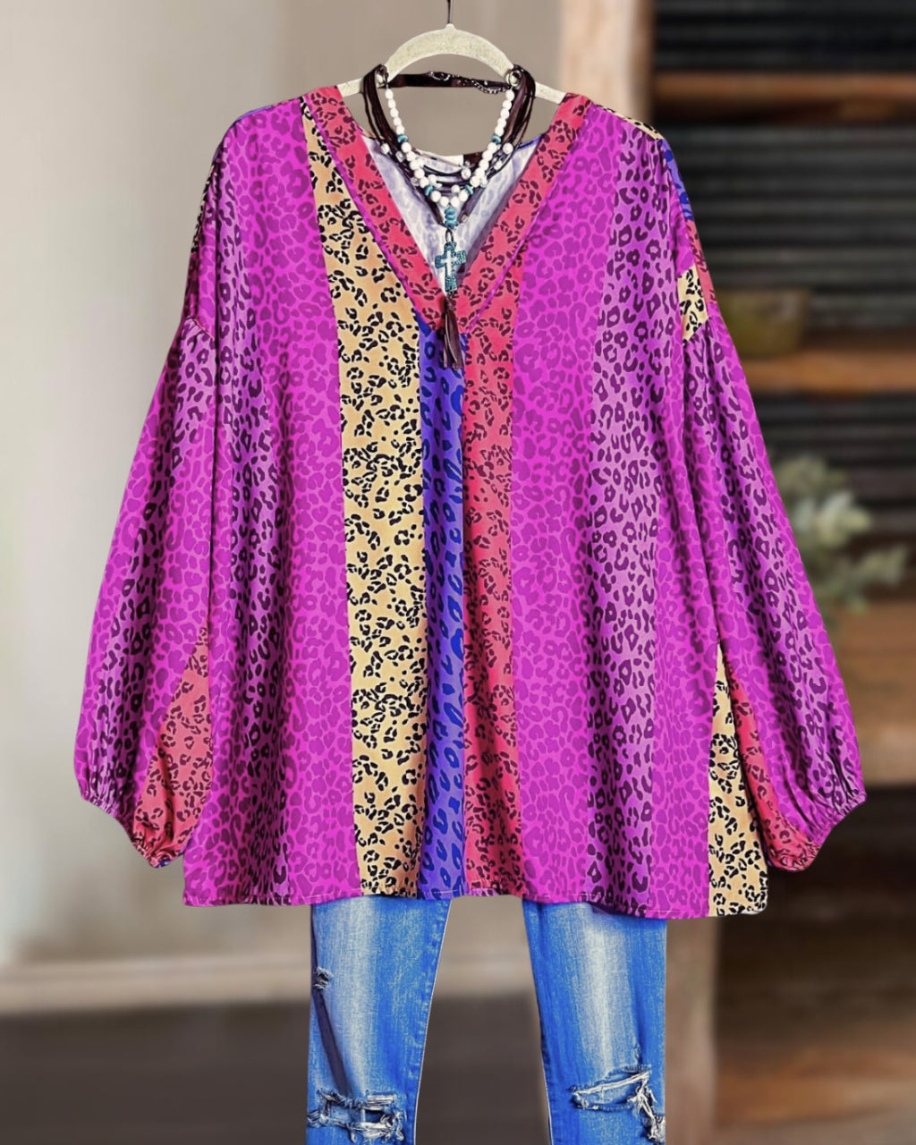 Colorful Leopard V-neck Top