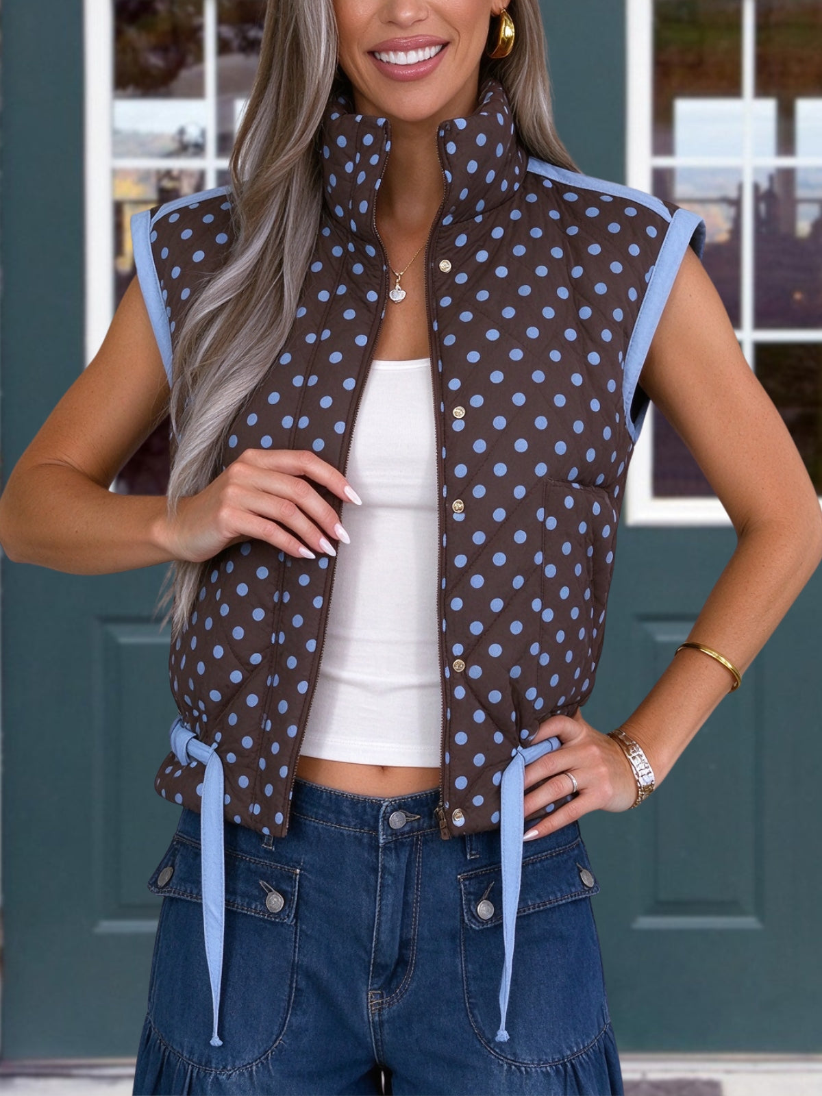 Polka Dot Quilted Tie Up Vest