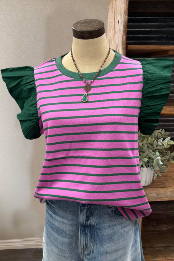 Hunter Green Ruffle Stripe Top