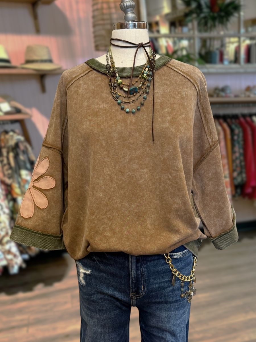 Floral Appliqué Washed Pullover