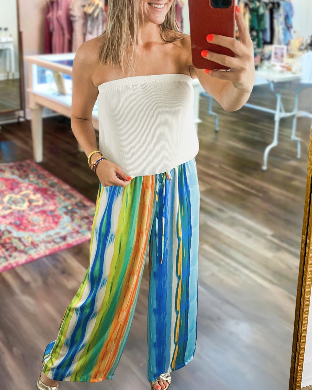 Oil-Painting Stripe Satin Wide-Leg Pants