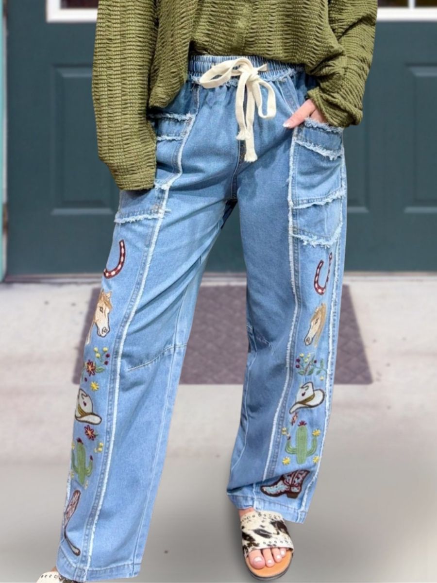 Western-themed Embroidered Drawstring Jeans