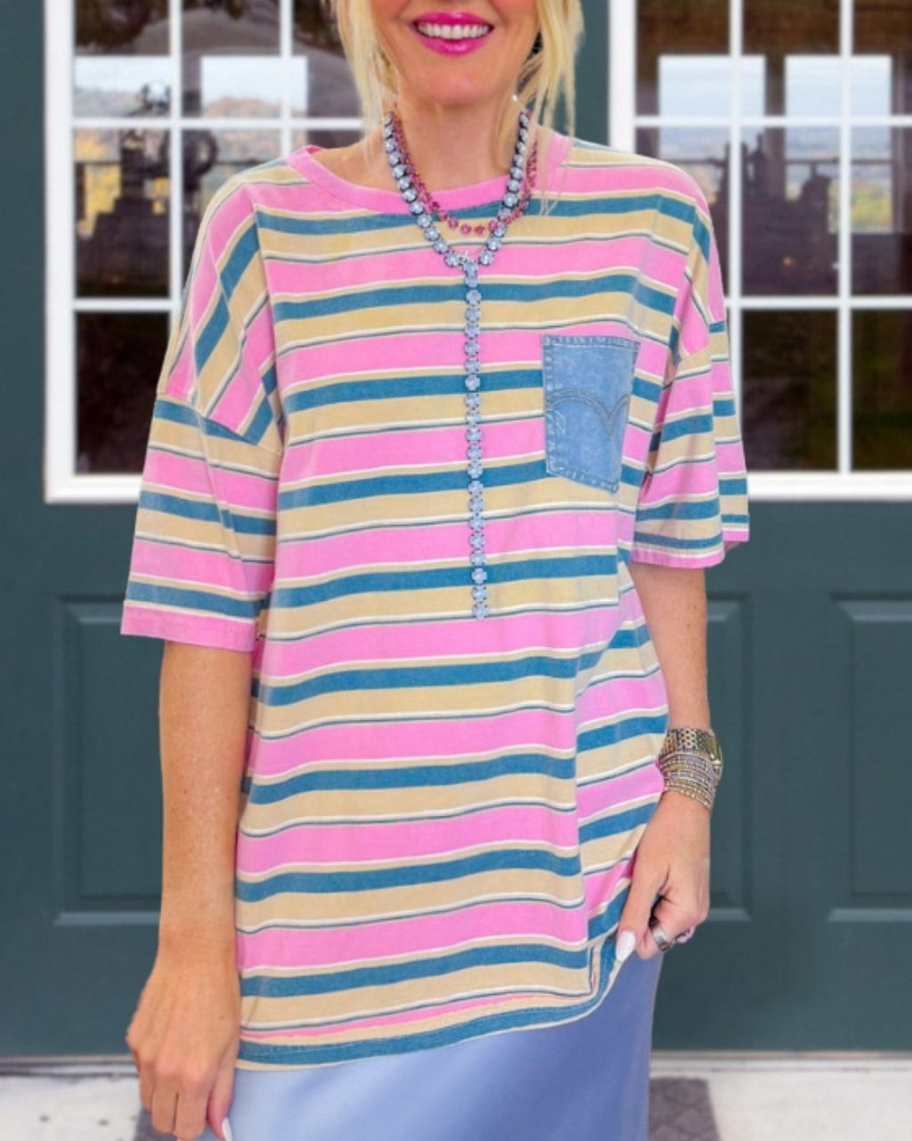Striped Denim Patch-Pocket Top