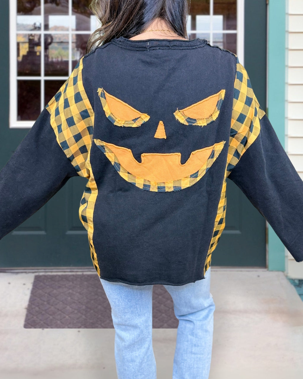 Applique Halloween Pumpkin Plaid Sweatshirt