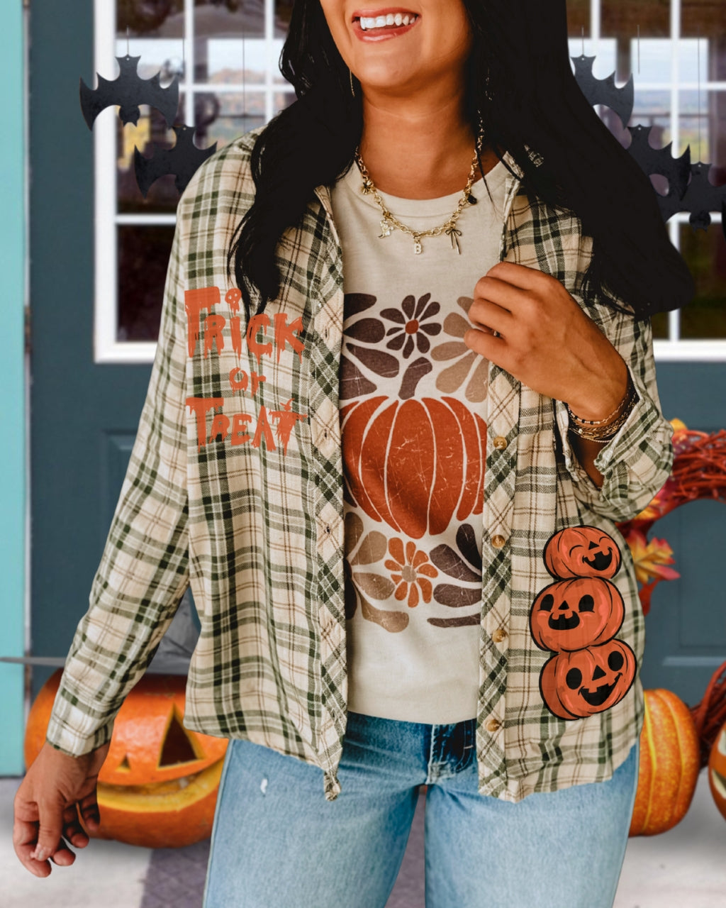 Whimsical Halloween Pumpkin Graphic Plaid Shirt