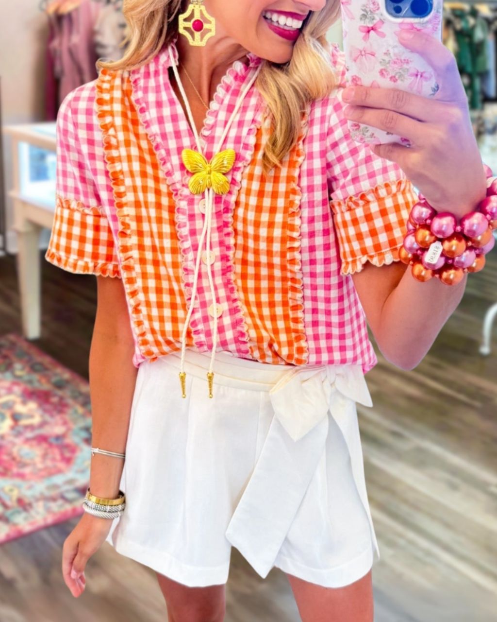 Ruffled Trim Plaid Button Top