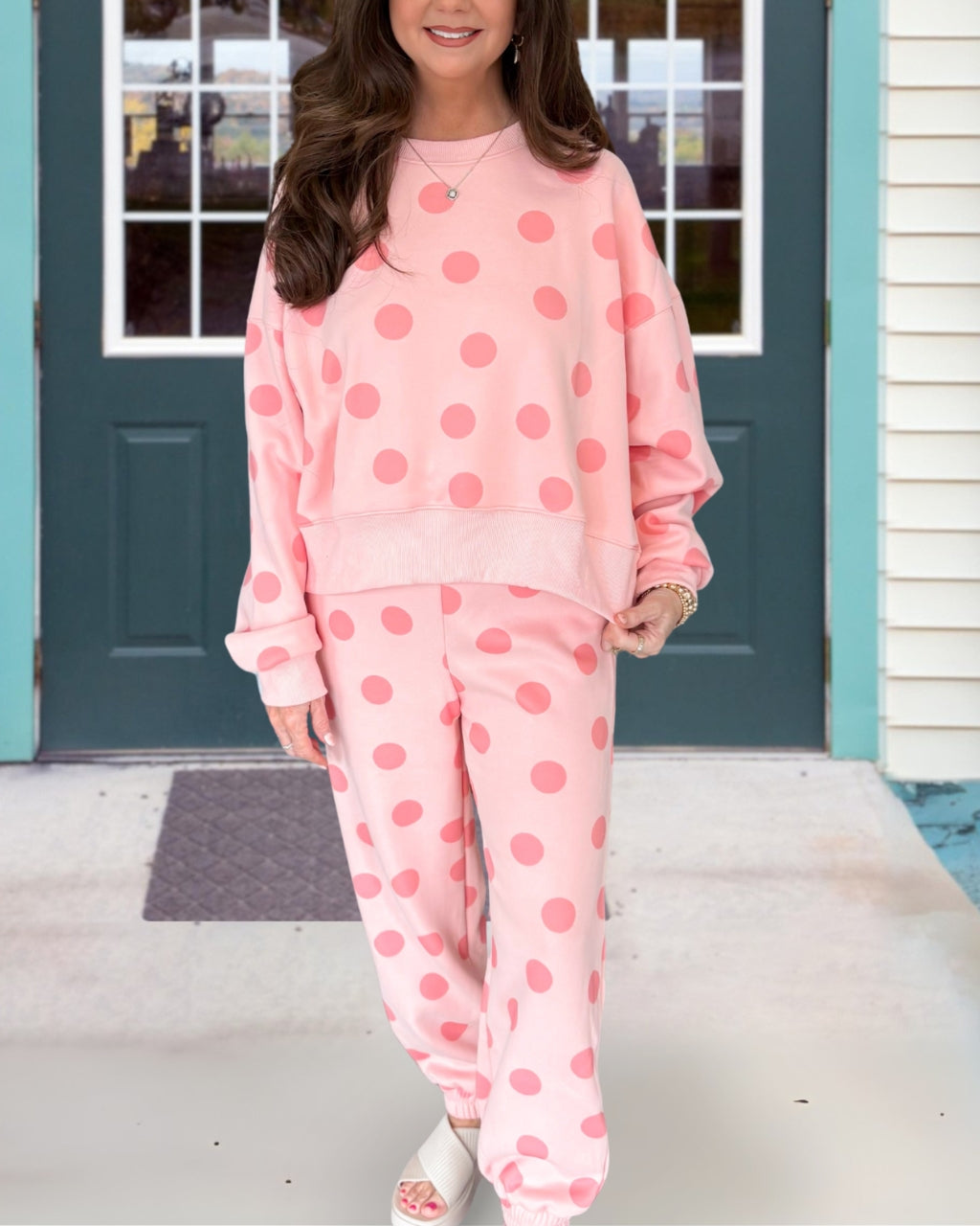 Casual Polka Dot Ribbed Trim Set