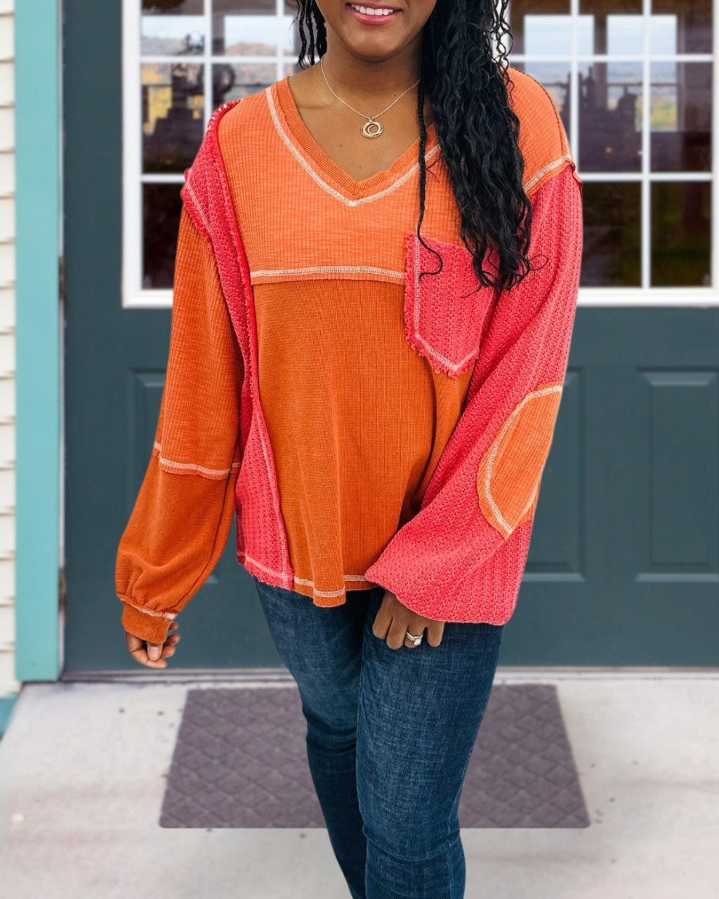 Waffle Color-block Paneled Seam Top