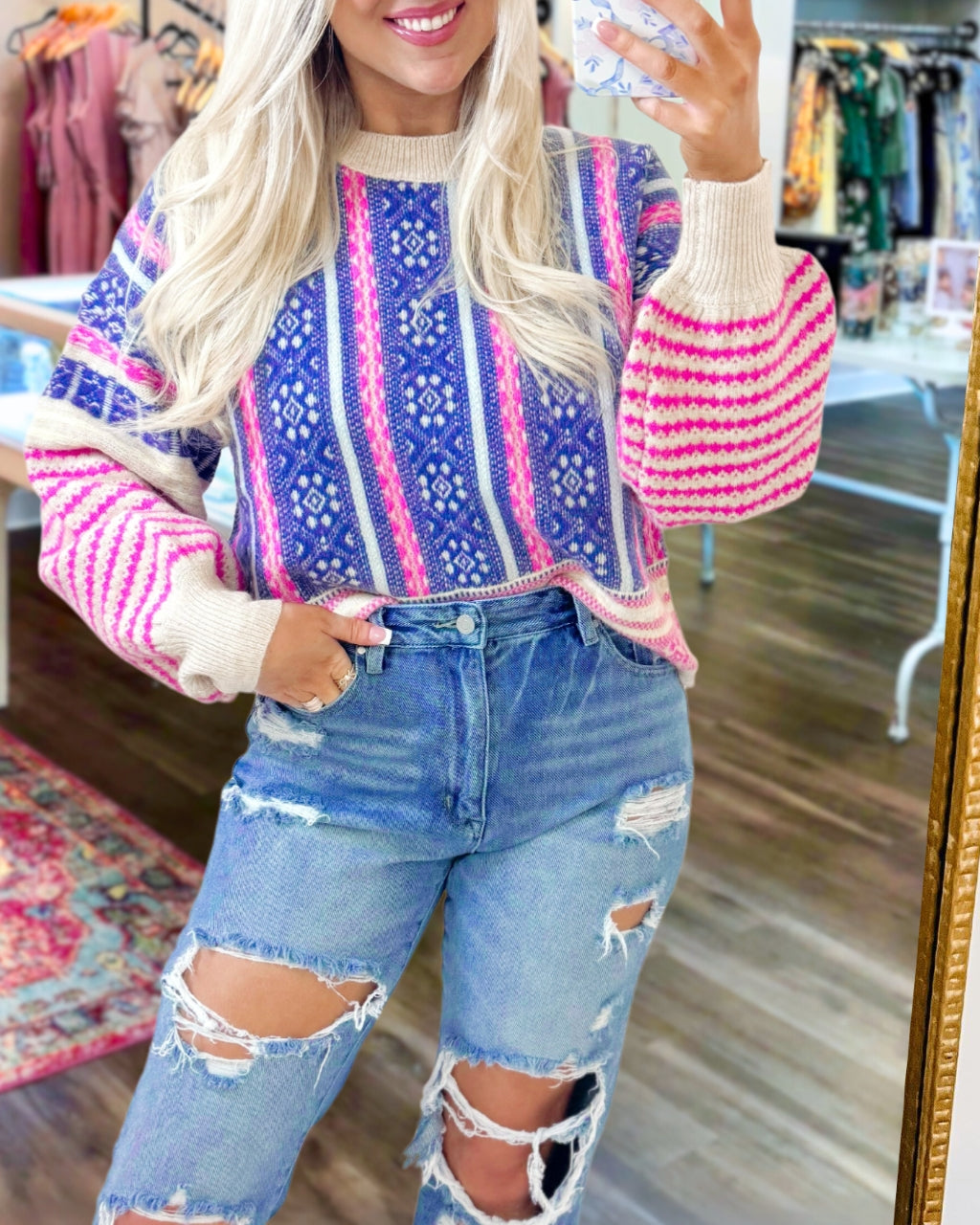 Bright Aztec Stripe Knit Sweatshirt