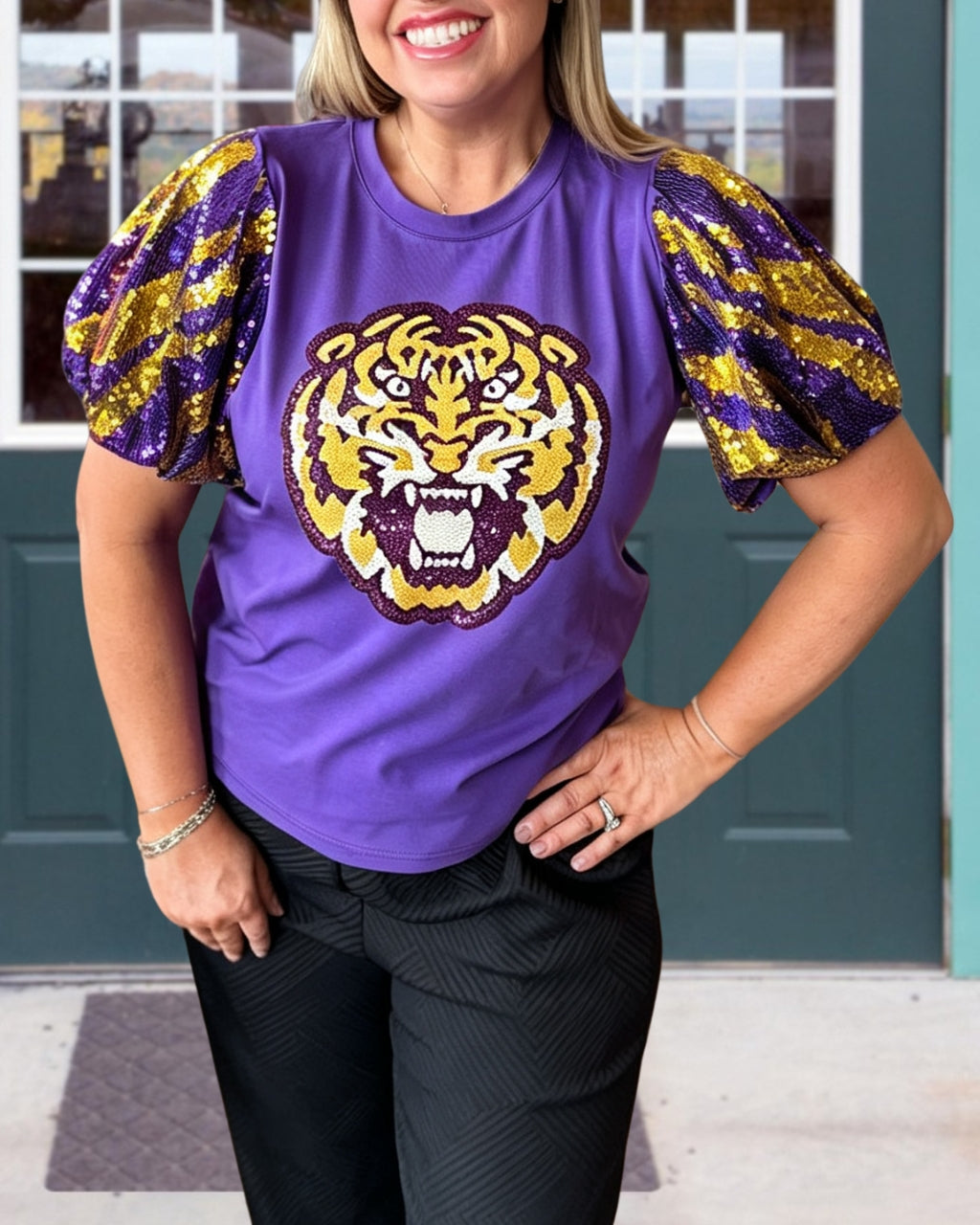 Game Day Glam Tiger Sequin Top