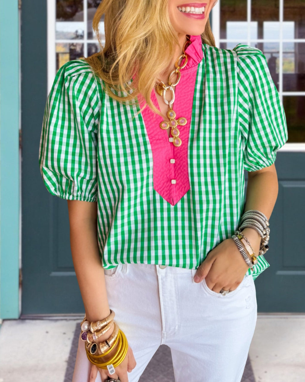 Color-blocked V-neck Plaid Top