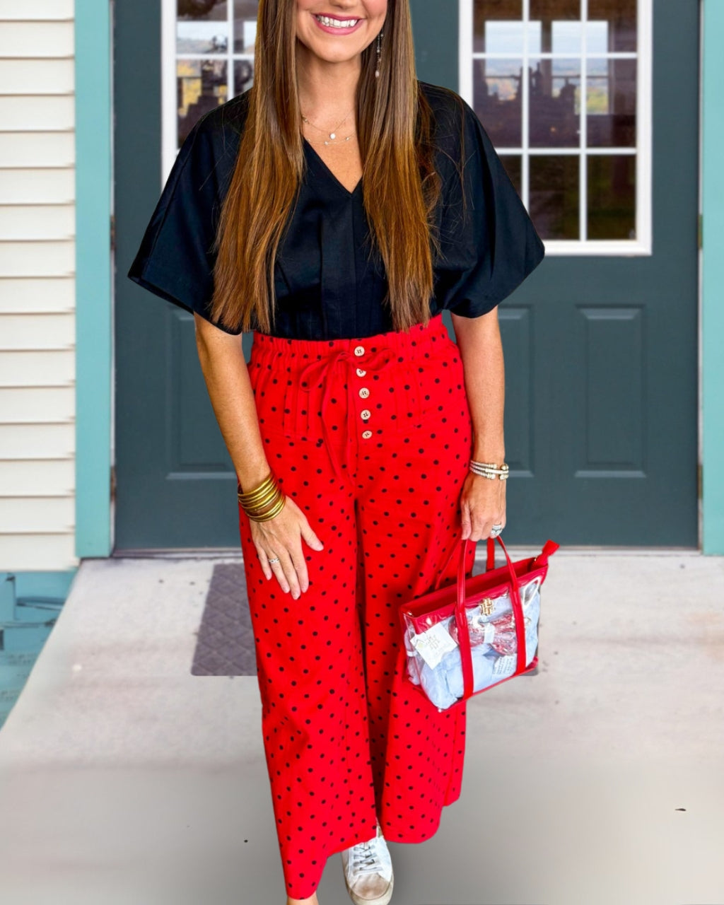 Pleated Polka Dot Wide Leg Pants