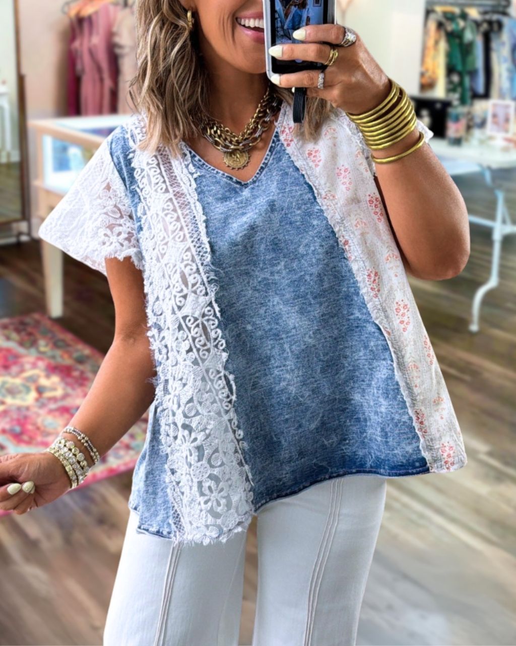Lace Floral Patchwork Denim top