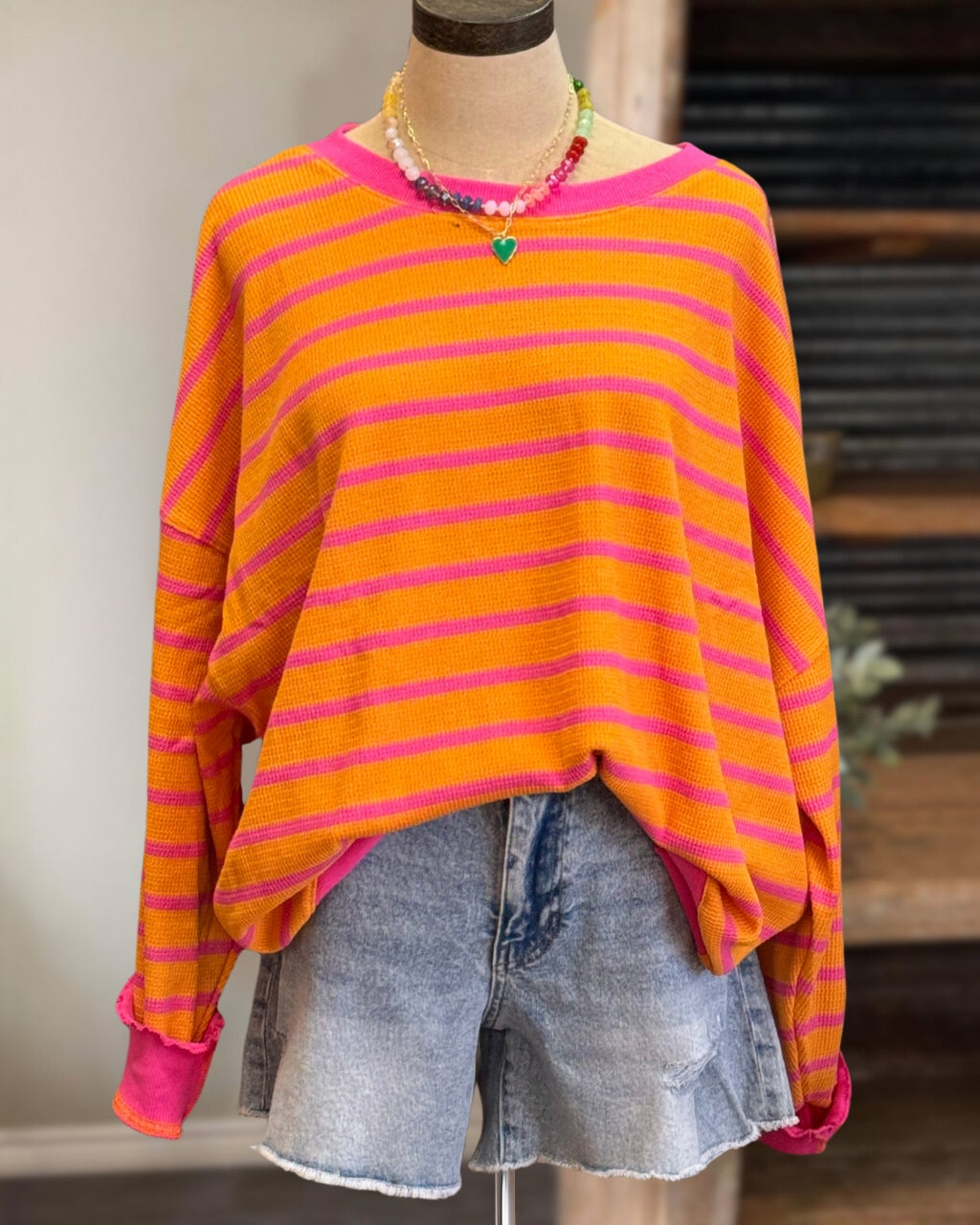 Contrast Stripe Waffle Pullover