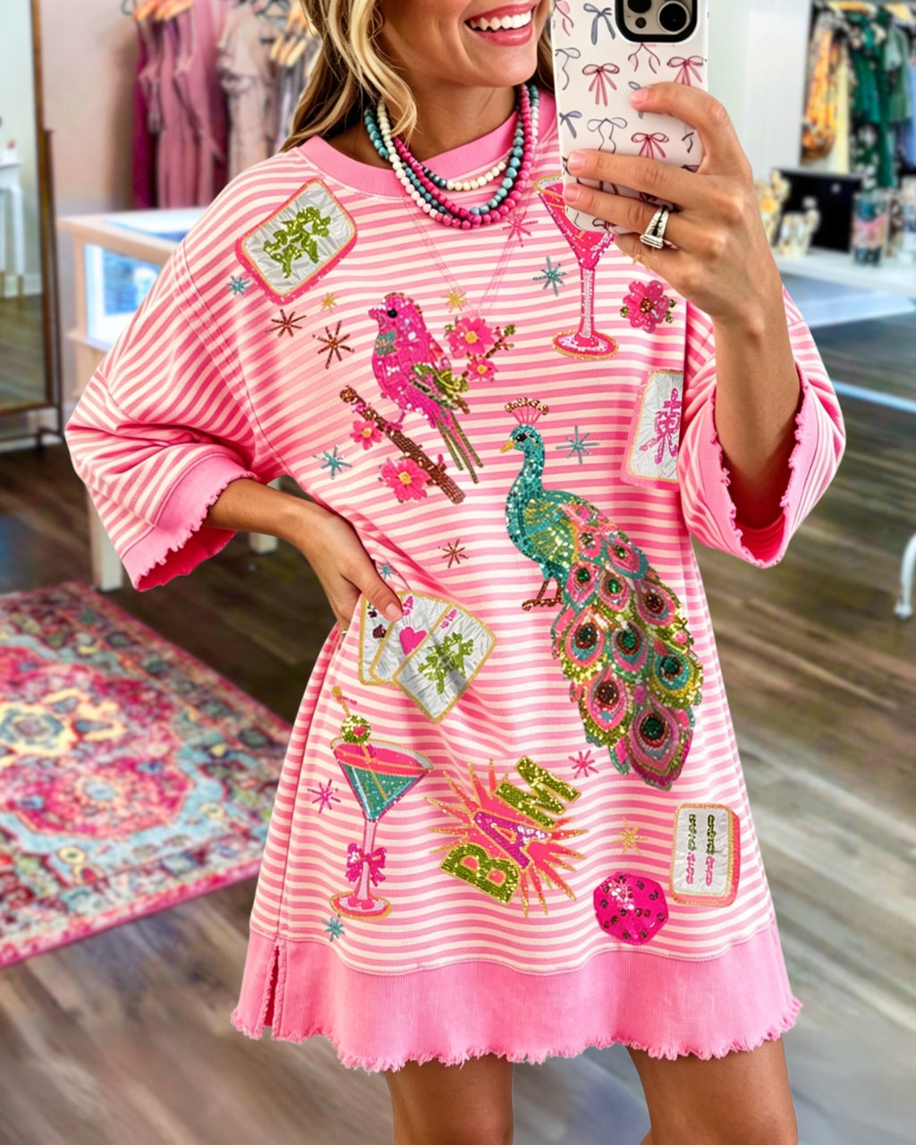 Mahjong Peacock Sequined Striped Dress