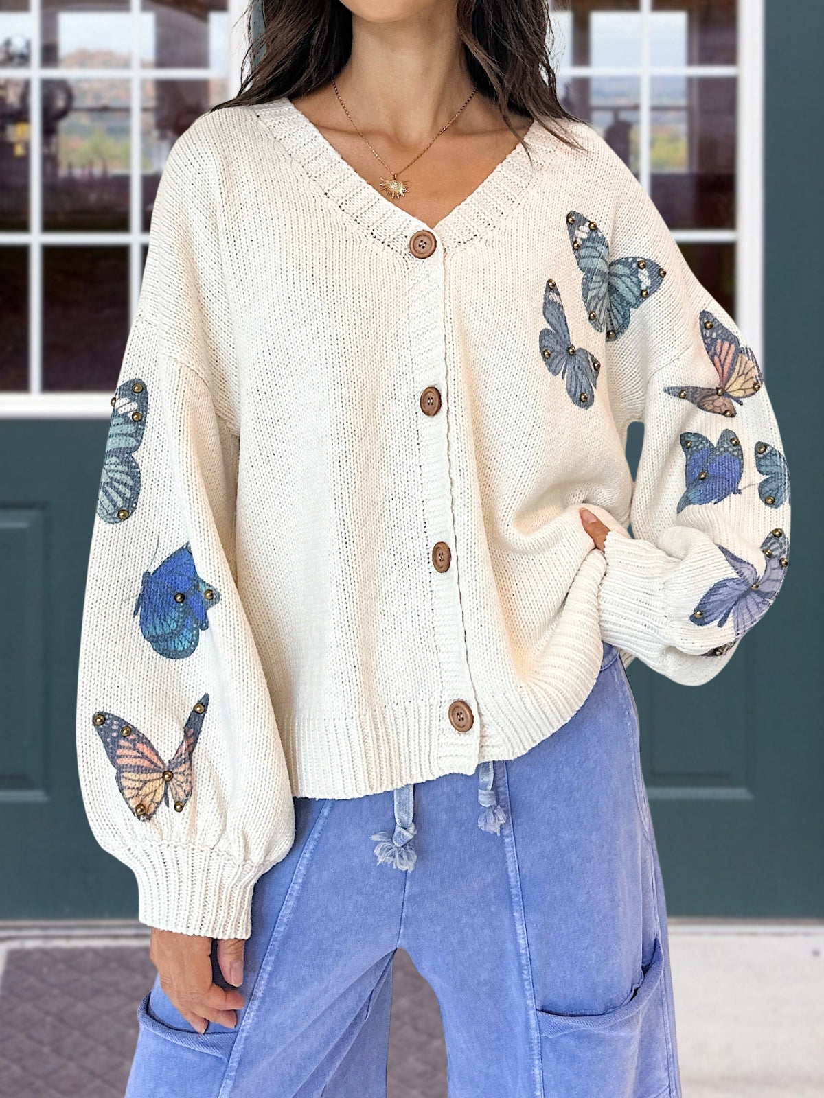 Butterfly Print Studded Cardigan