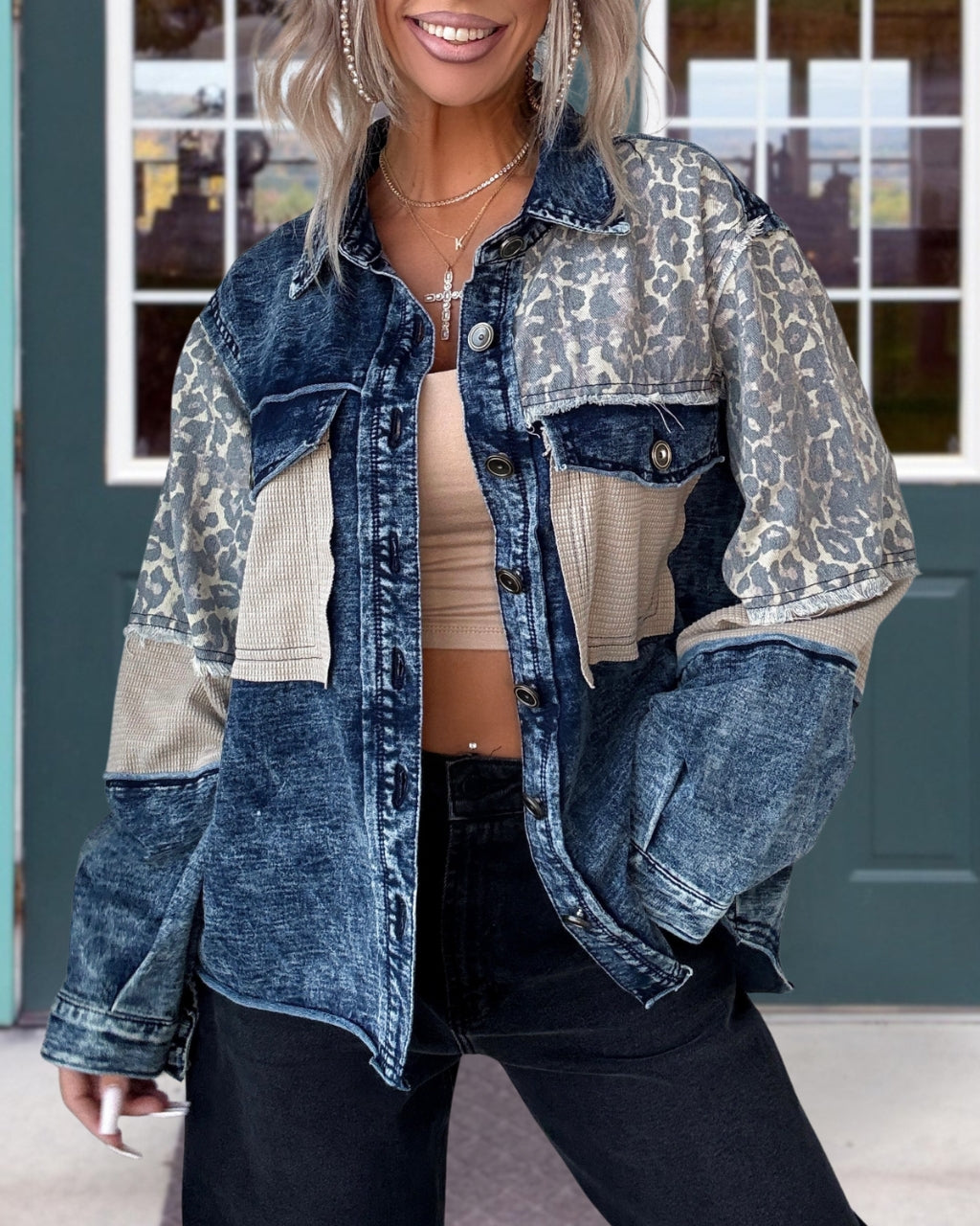 Chic Leopard Waffle Denim Jacket