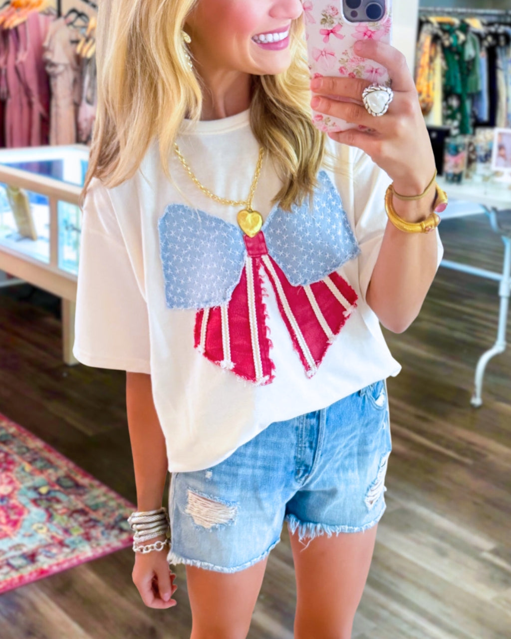 Flag Bow Patch Embroidered T-shirt