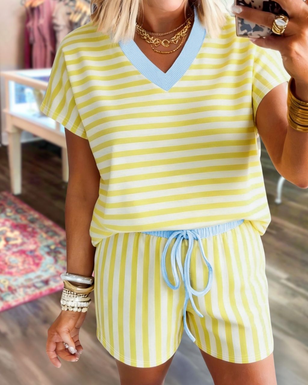 Striped Color-blocked Trim Shorts Set