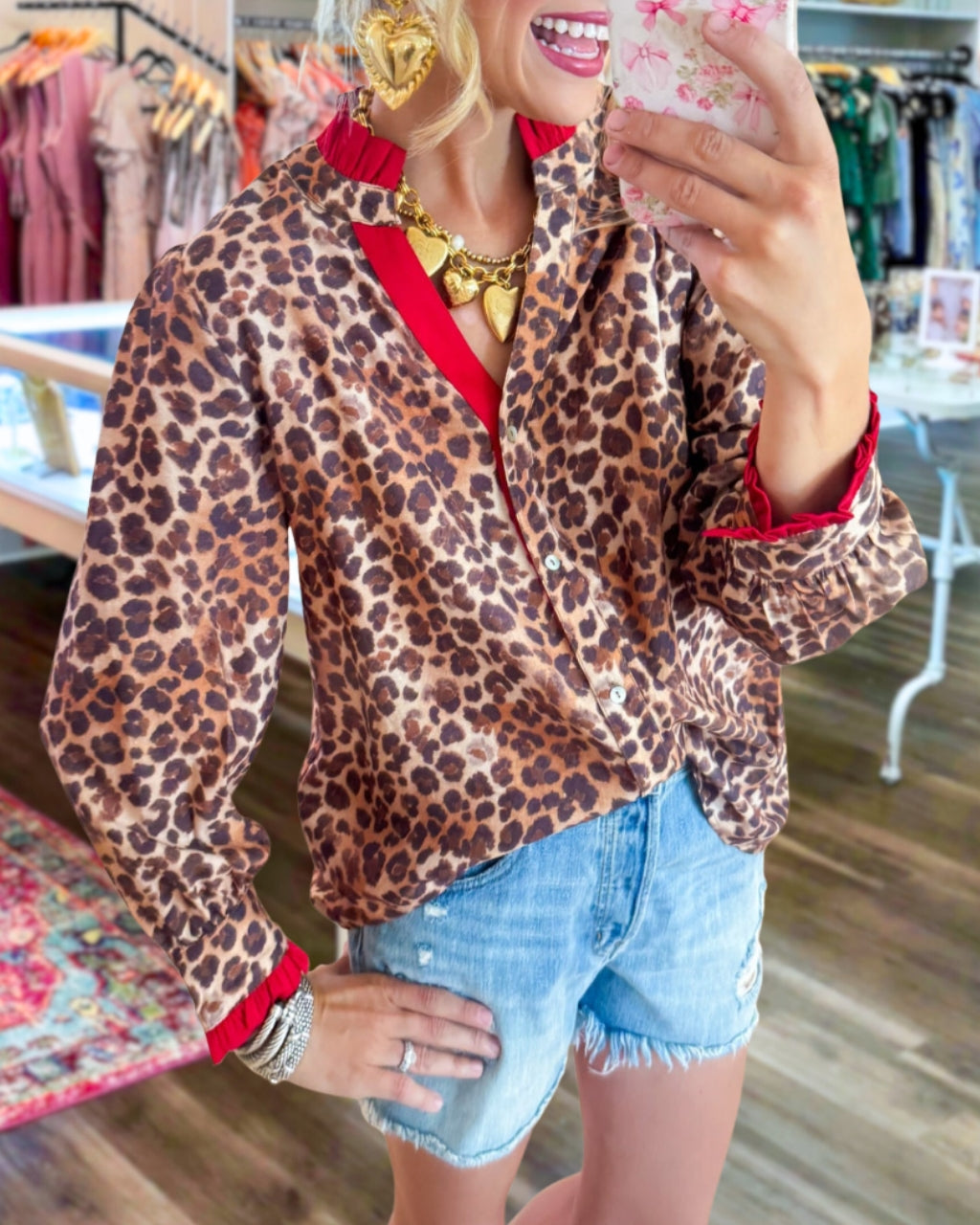 Leopard Contrast Button Frill Shirt