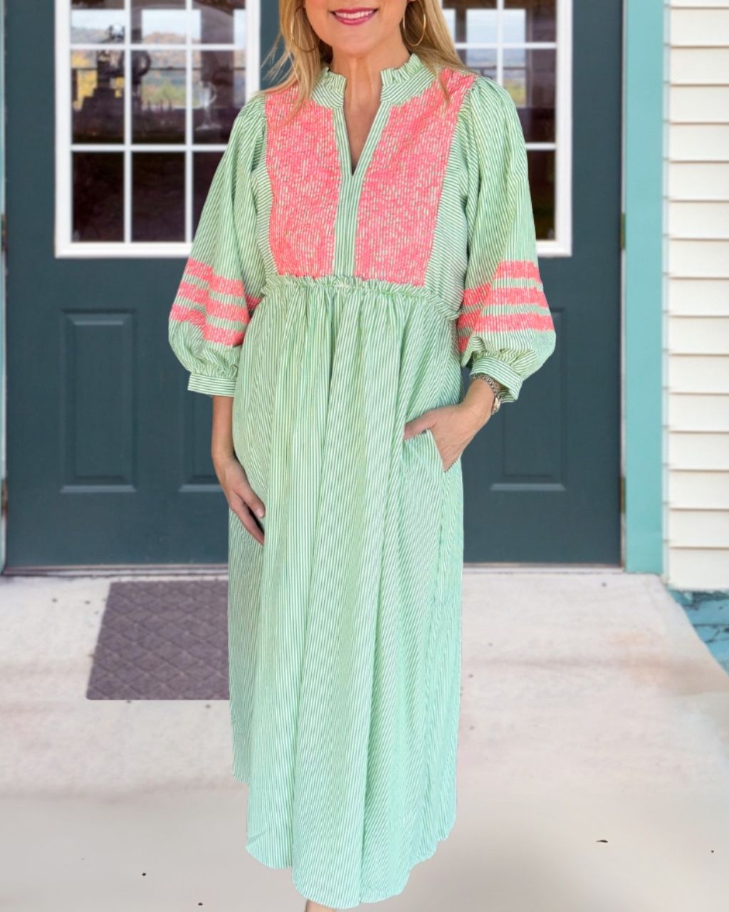 Contrast-Stripe Embroidered Maxi Dress