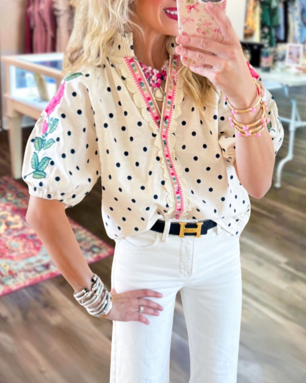 Floral Embroidered Polka Dot Top