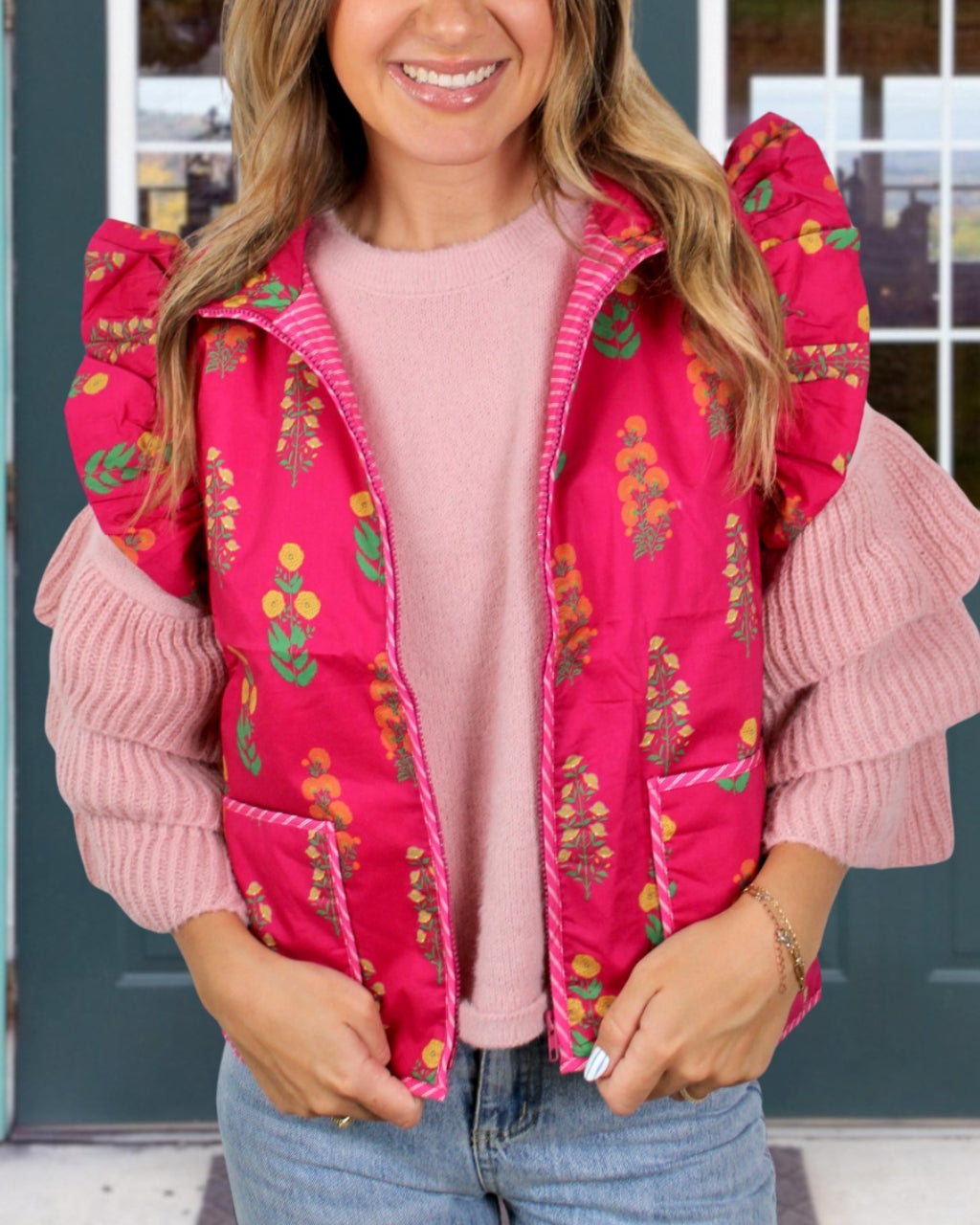 Playful Floral Ruffle Puff Vest