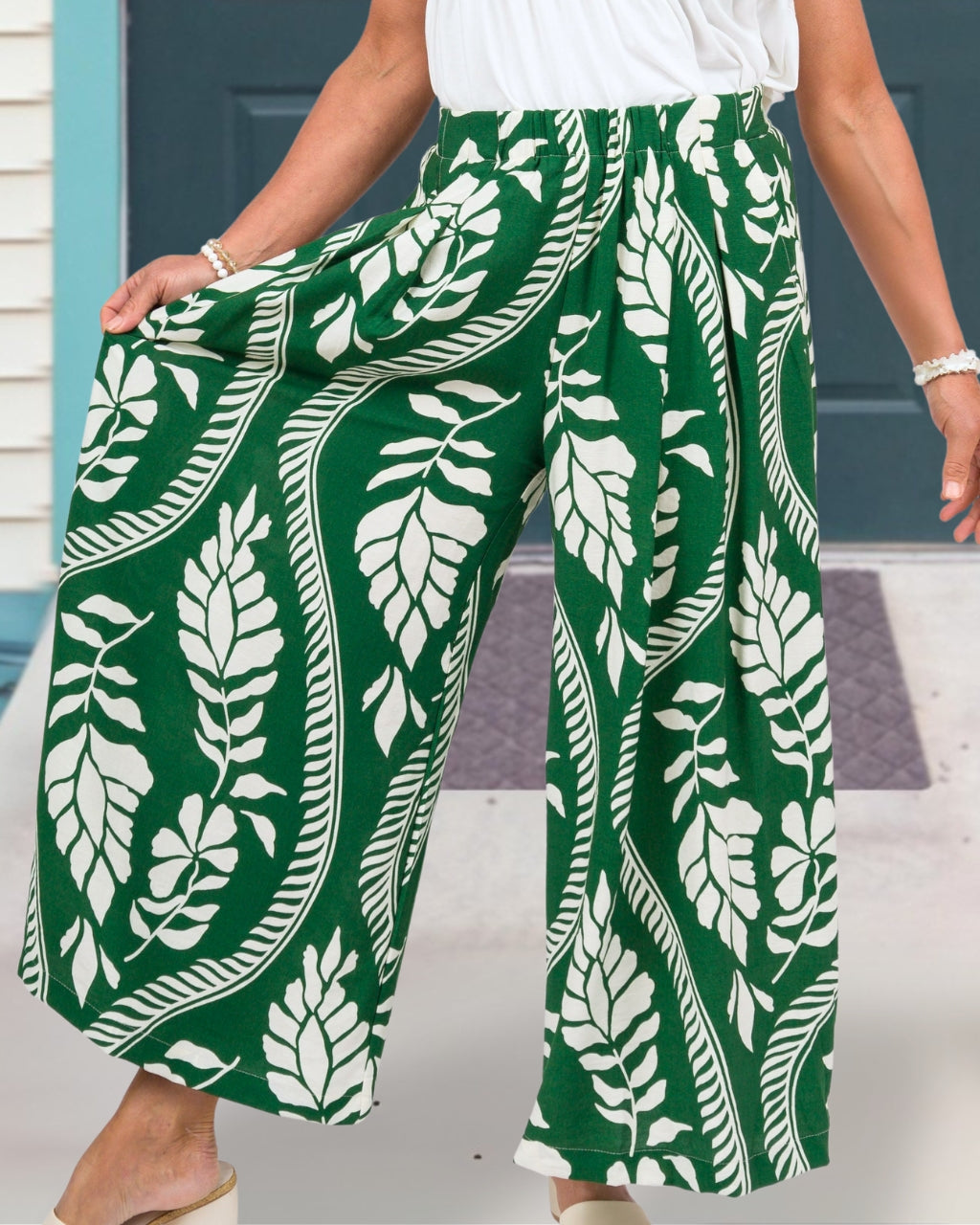 Tropical Leaf Wide-Leg Pants