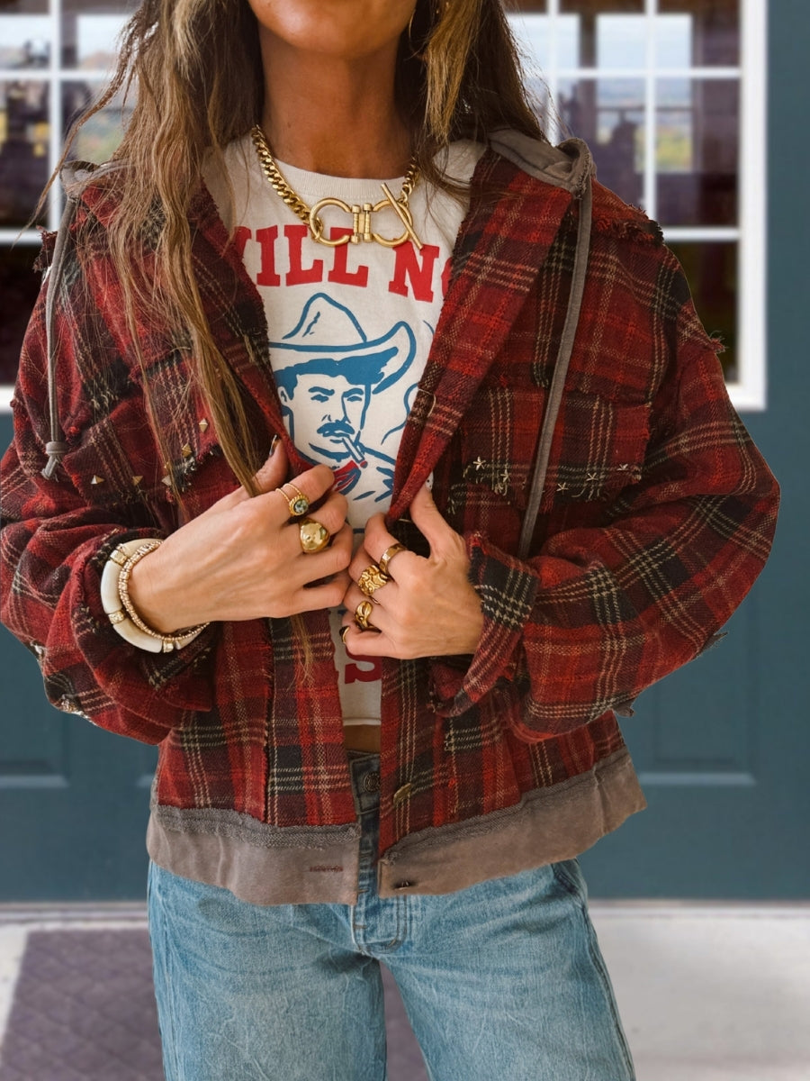 Retro Wool Blend Plaid Hooded Jacket