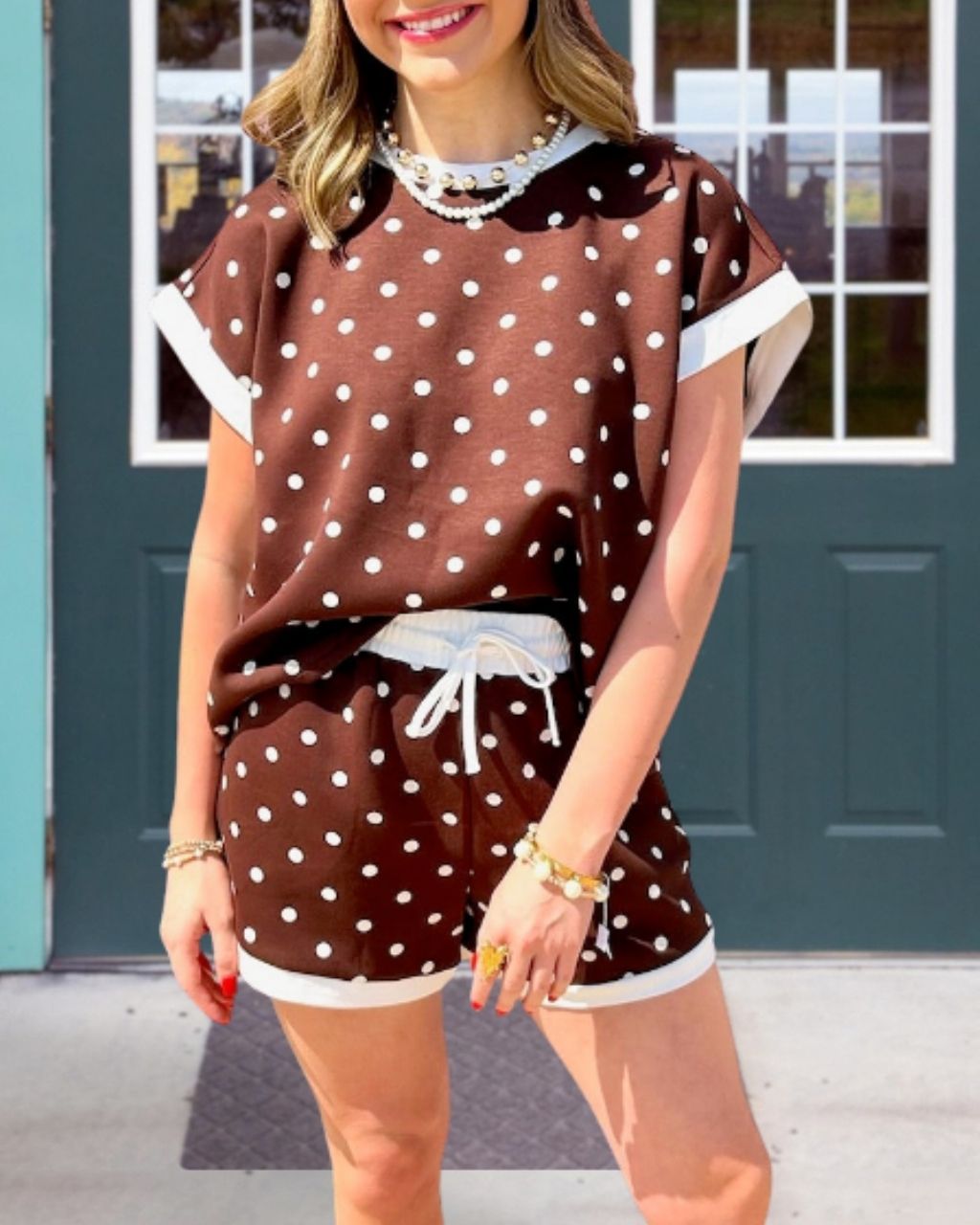 Polka Dot Drawstring Shorts Set