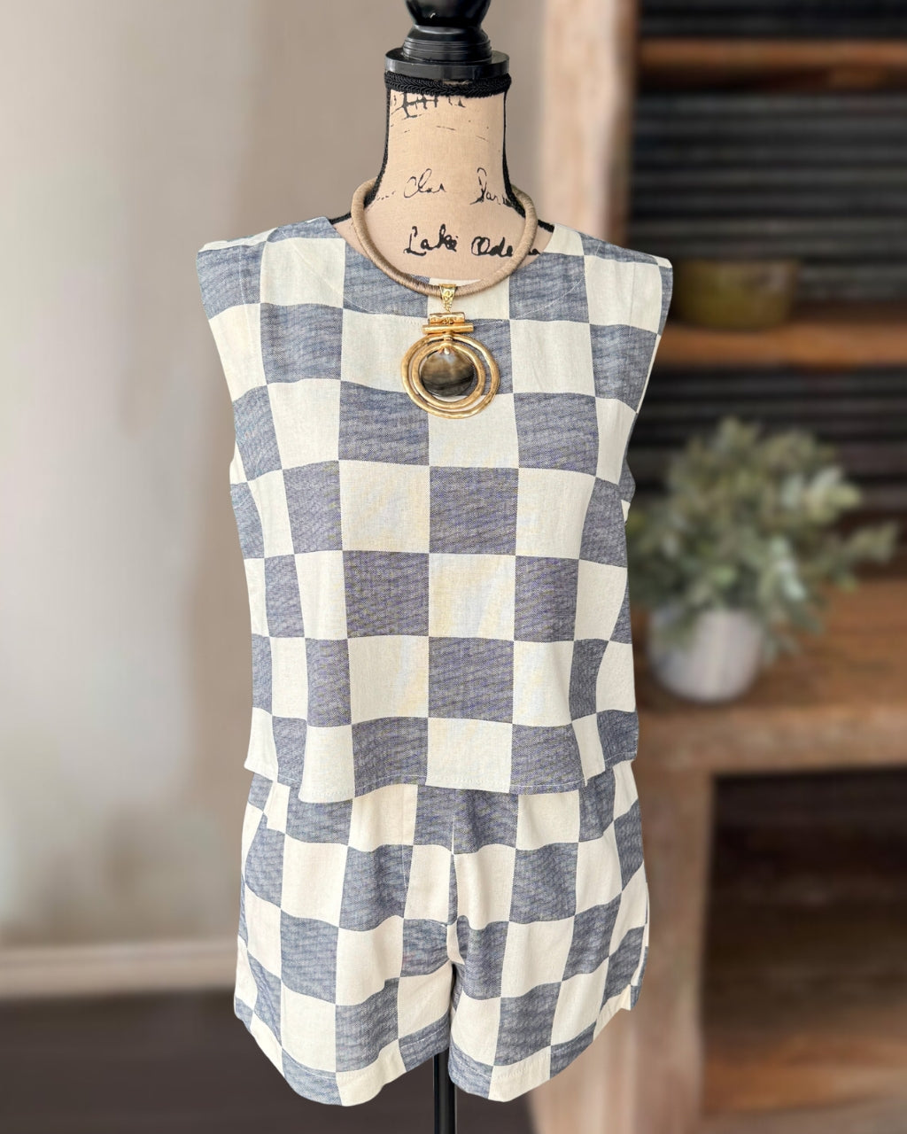 Checkerboard Sleeveless Shorts Set
