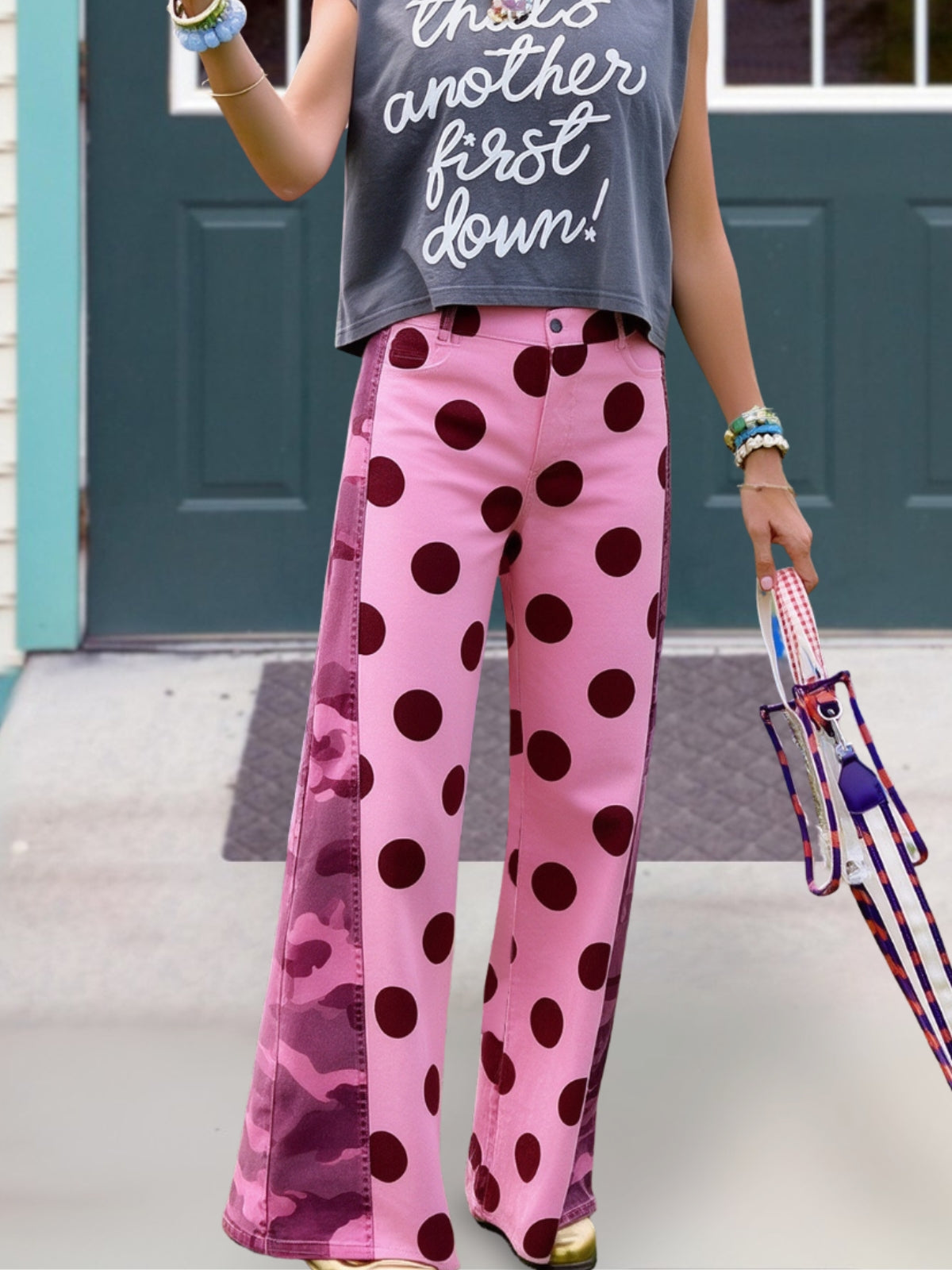 Polka Dot Patchwork Camouflage Wide-Leg Pants