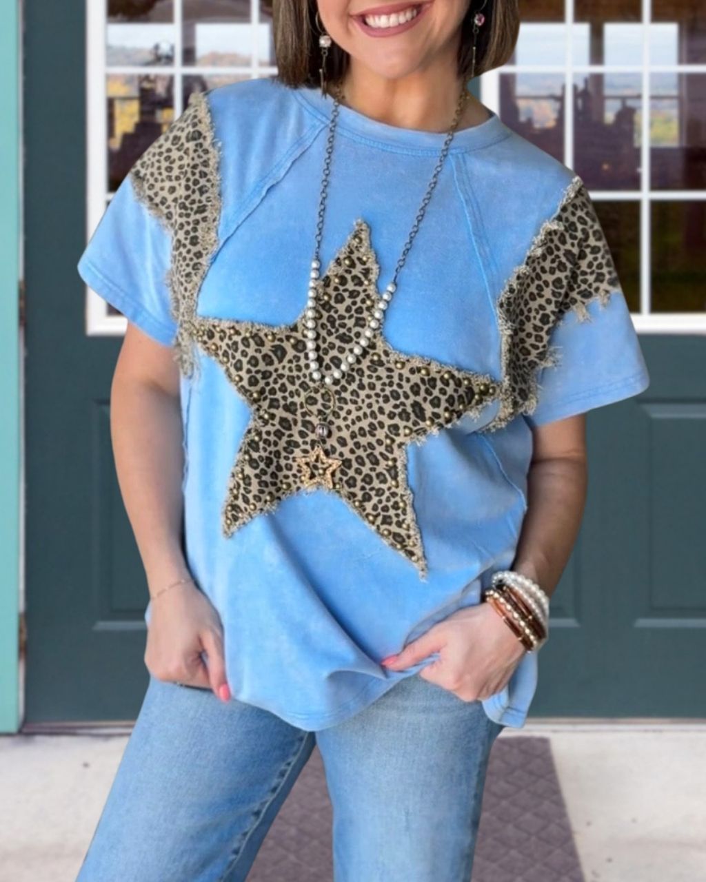Leopard Star Patch Rhinestone Top