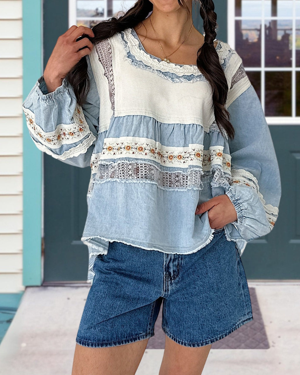 Denim Ribbed Patchwork Top