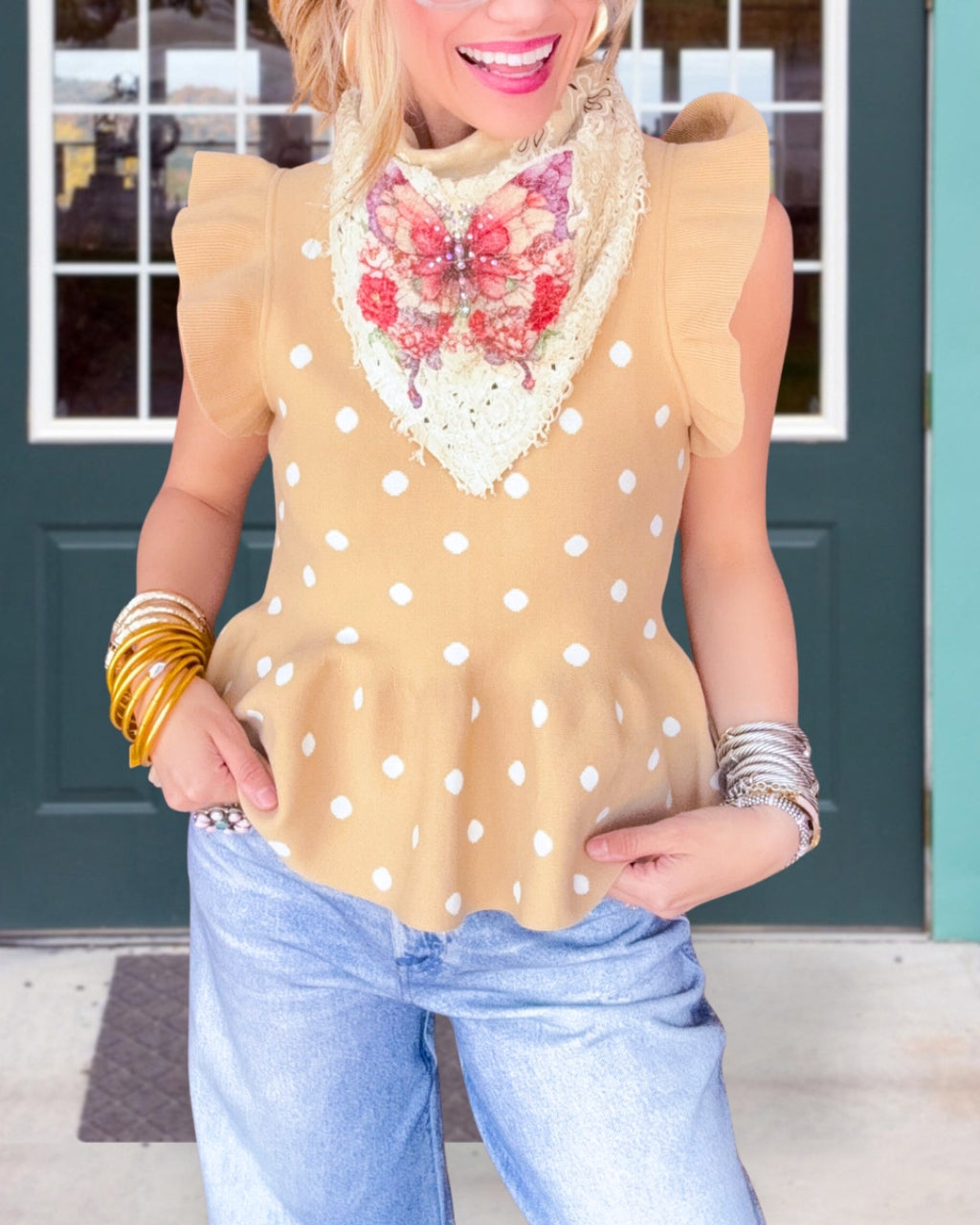 Polka Dot Ruffled Sleeveless Top