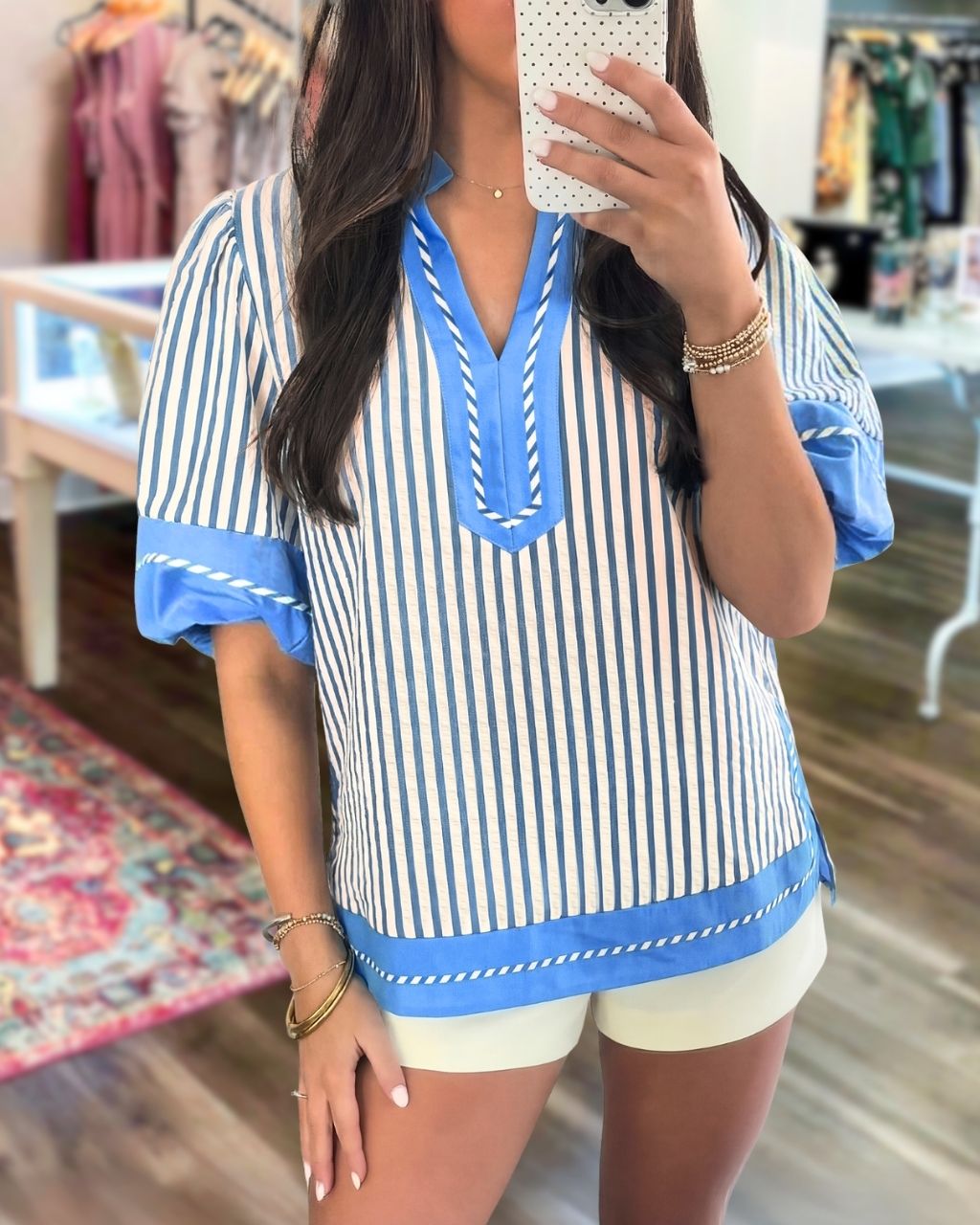 Contrasting Trim Striped V-neck Top