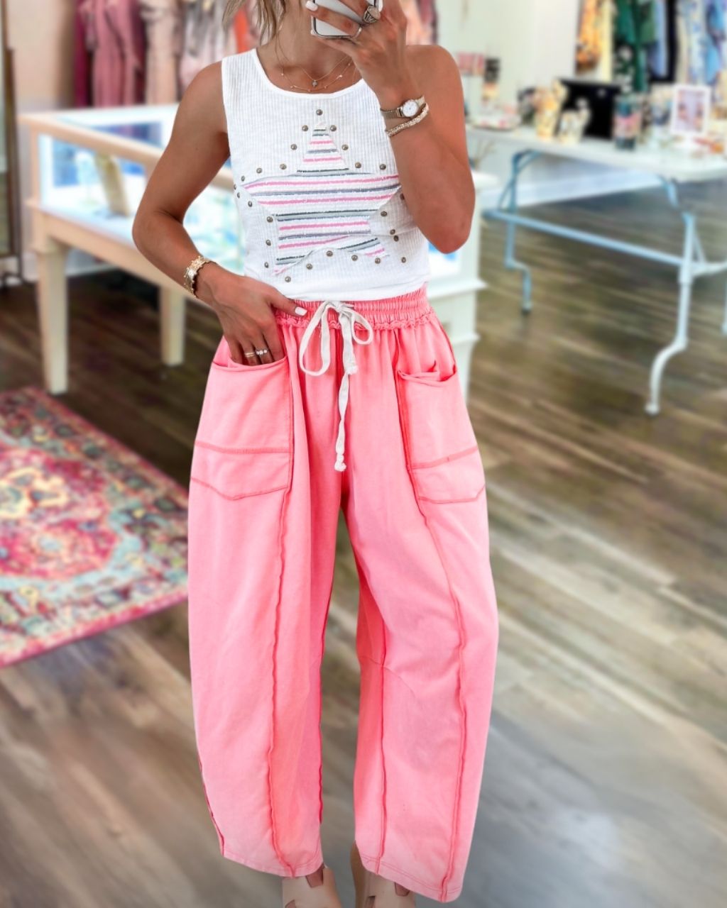 Washed Distressed Drawstring Casual Pants