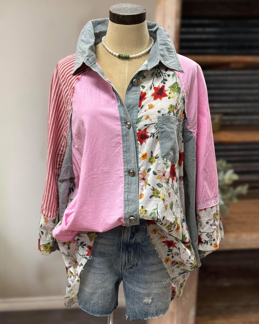 Mixed Fabric Patchwork Shirt